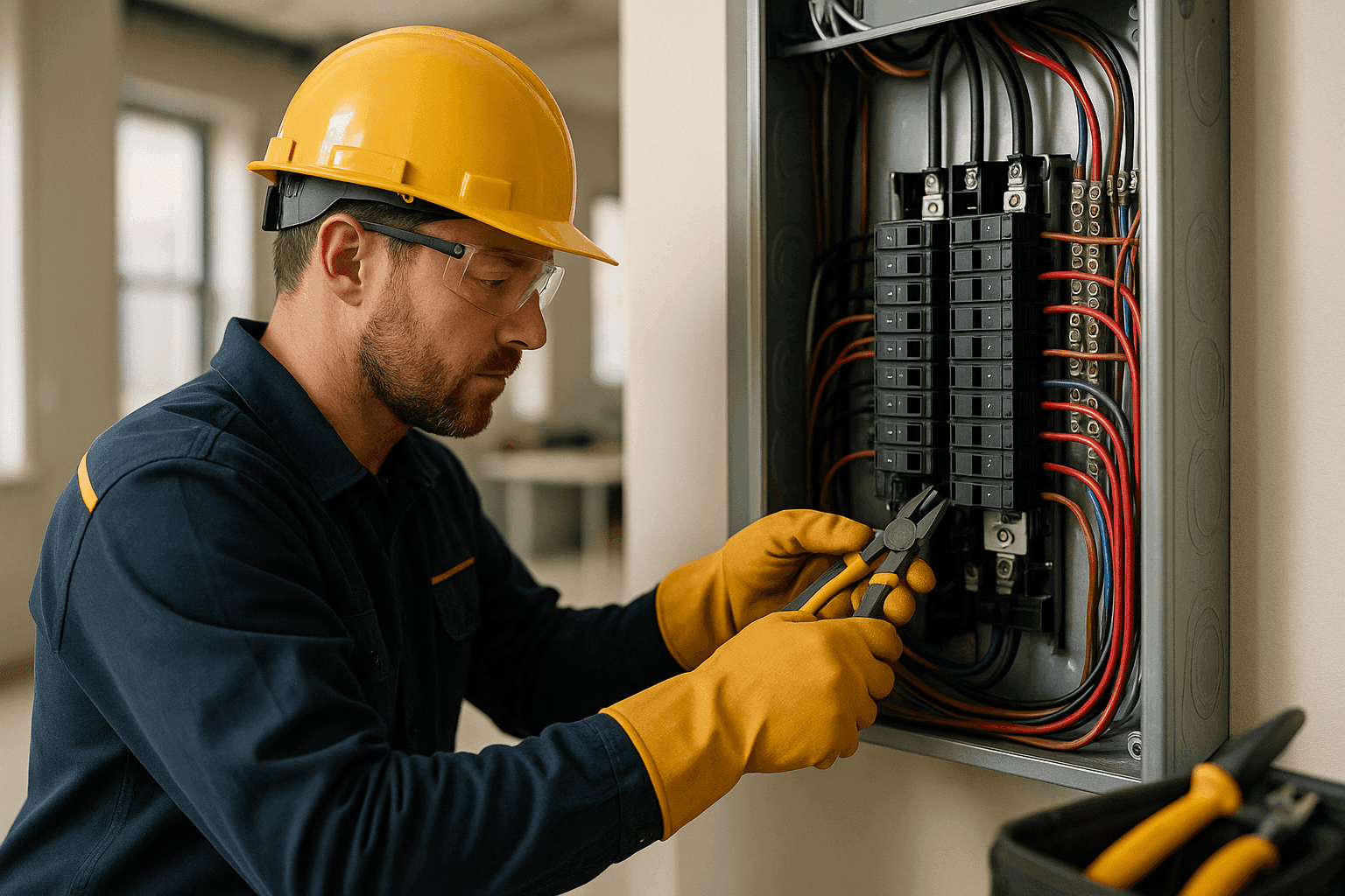 Electrician in safety gear working on wiring inside an organized electrical panel
