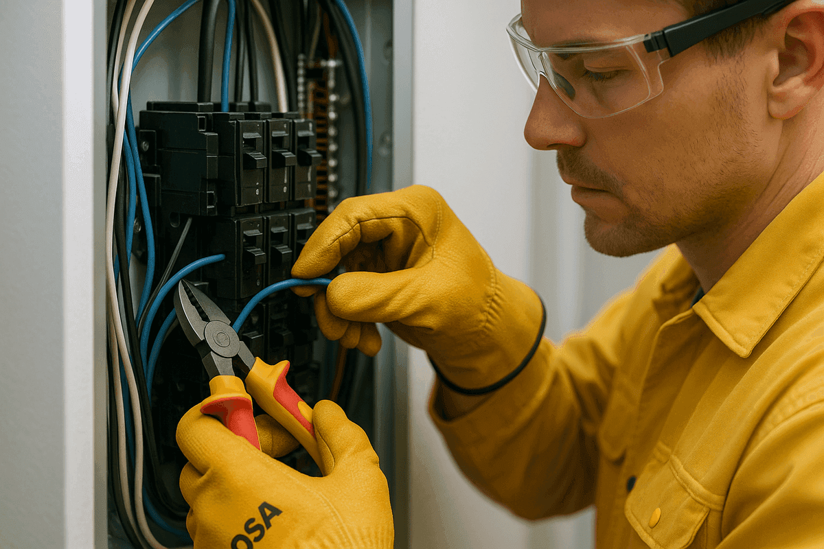 Close-up of electrician’s gloved hands wiring a modern residential electrical panel